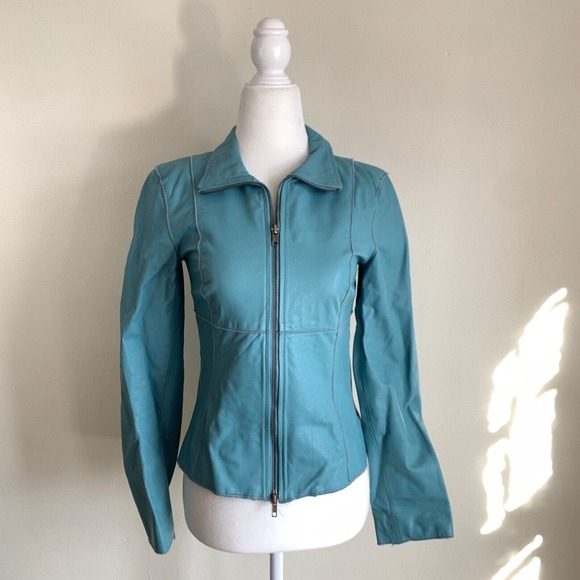 American Vintage Jackets & Blazers - Y2K Vintage Womens Genuine Leather Jacket Coat Sz 2 XS Tiffany Blue Turquoise